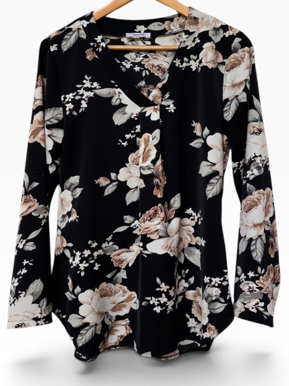 Youtalia Black Floral Notch V-Neck Blouse Medium Long Sleeve Tunic Top